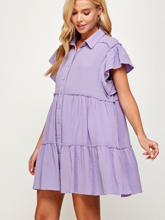 Purple Gauze Collared Tiered Dress With Frayed Seam - Picture 3 of 7